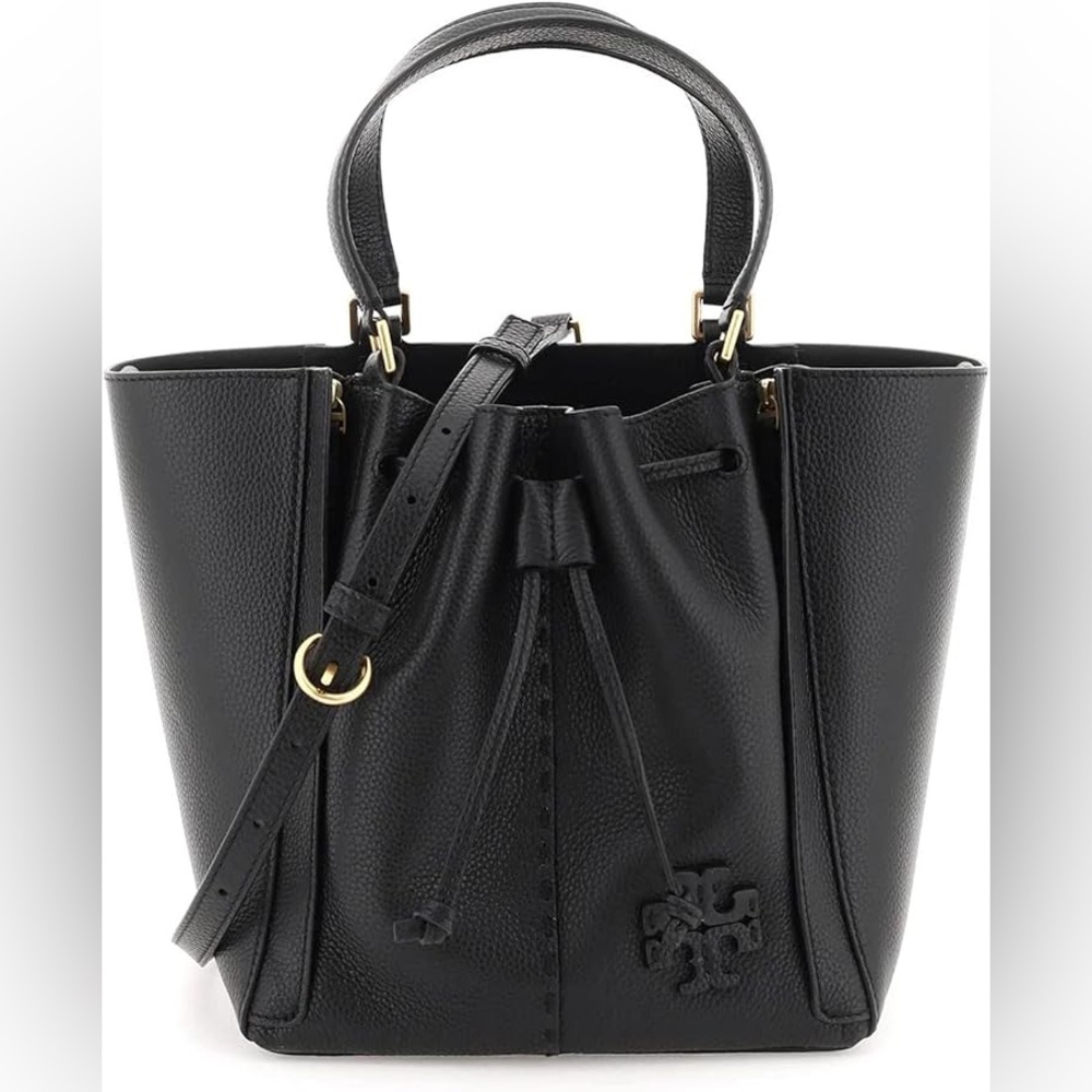 Tory Burch Women's McGraw Drawstring Leather Satchel Black Pebbled Leather